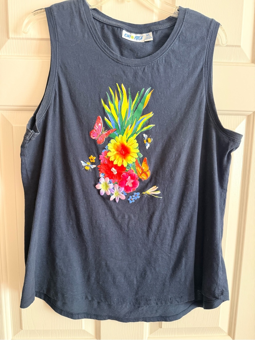 Kiwi 🥝 Fresh XL Women's Navy Tropical Floral Tank Top Sleeveless 2-D